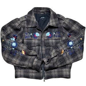 DRIFTWOOD Wool Brown Plaid Jacket with Floral Embroidery